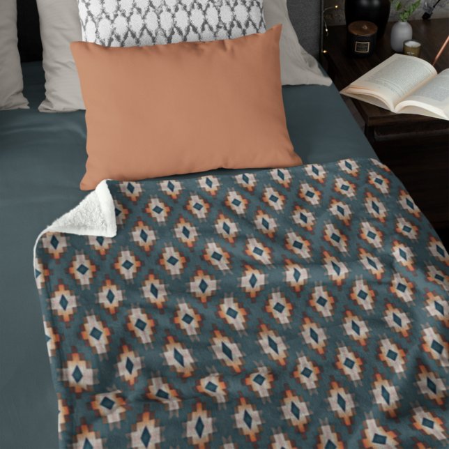 Trendig Tealblå Orange Mörkbrun Grå Tribal Art Fleecefilt (Skapare uppladdad)