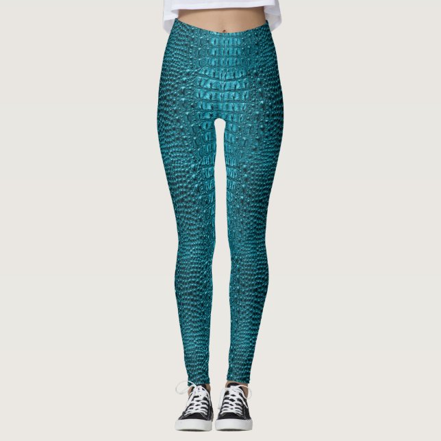 trendig tealturkos aqua blue alligator print leggings (Framsida)