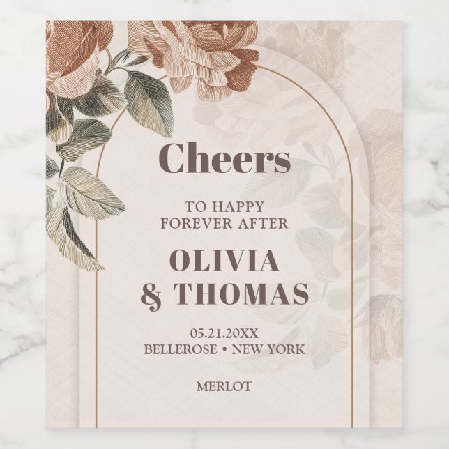 Trendig Terracotta-blommor sage brunhues arch Vinflaska Etikett (Singel etikett)