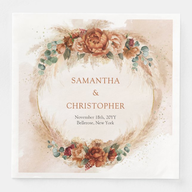 Trendig Terracotta burgundy-blommor, gröna pampas Pappersservett (Framsida)