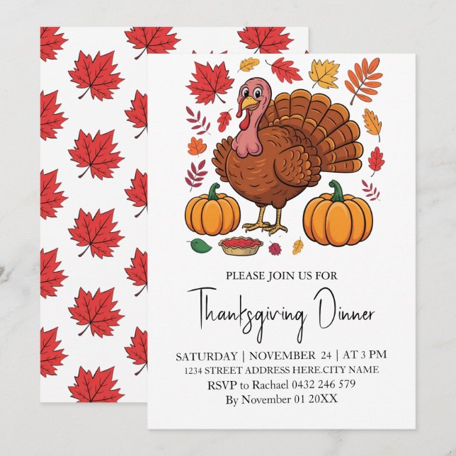 Trendig Thanksgiving Dinner Turkey Pumpkin Inbjudningar (Fram/baksida)