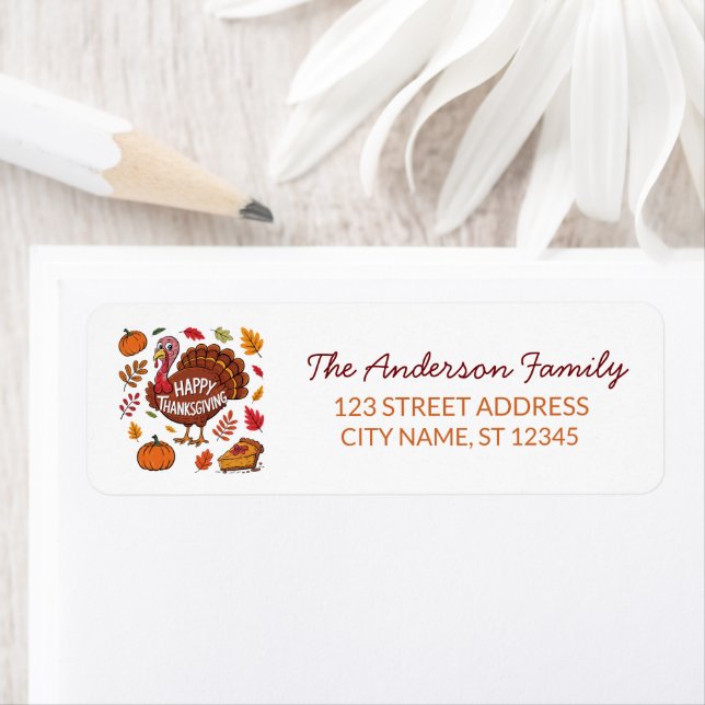 Trendig Thanksgiving Turkey Pumpkin Returadress Etikett (Insitu)