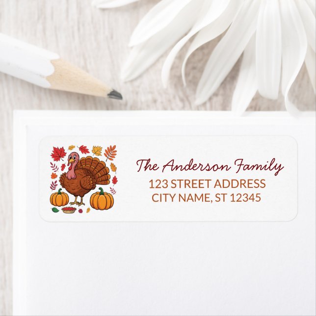 Trendig Thanksgiving Turkey Pumpkin Returadress Etikett (Insitu)
