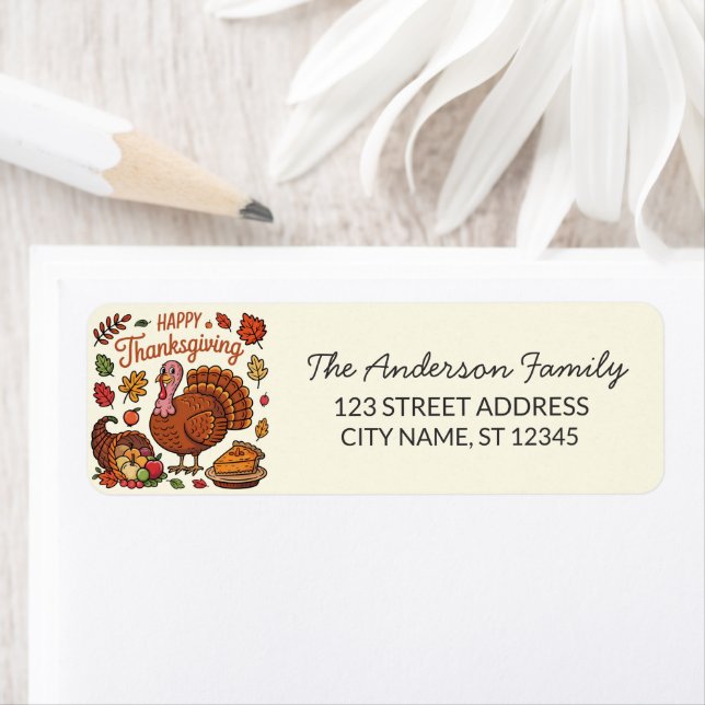 Trendig Thanksgiving Turkey Pumpkin Returadress Etikett (Insitu)
