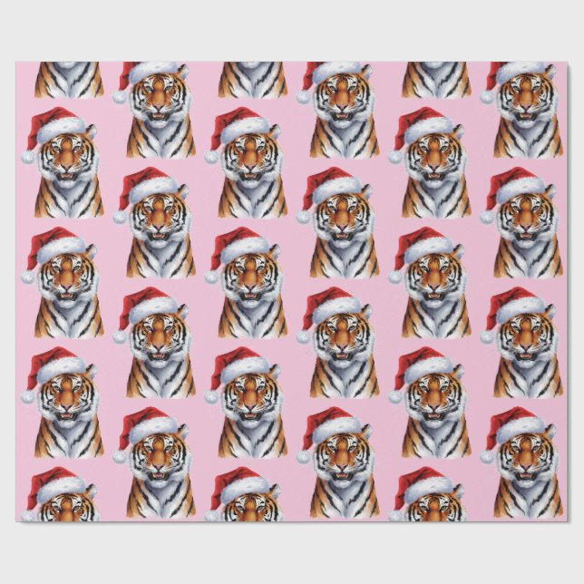 Trendig Tiger med tomteluva julrosa Presentpapper (Platt)