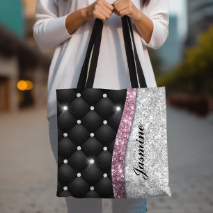 Trendig tjejaktig falsk silver glitter svart rosa tygkasse