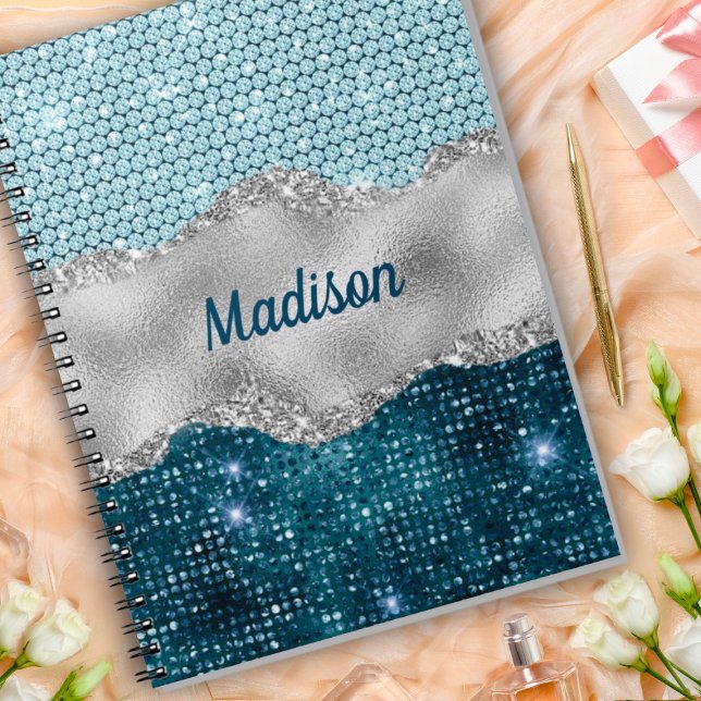 Trendig tjejaktig teal mintgrön glitter silver mon anteckningsbok (Skapare uppladdad)