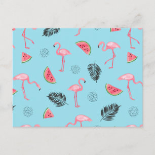 Trendig Tropical Flamingo & Watermelon Mönster Vykort
