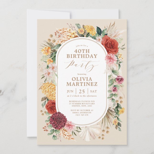 Trendig Tropical Flowers Rustic Pampas Birthday Inbjudningar (Framsida)