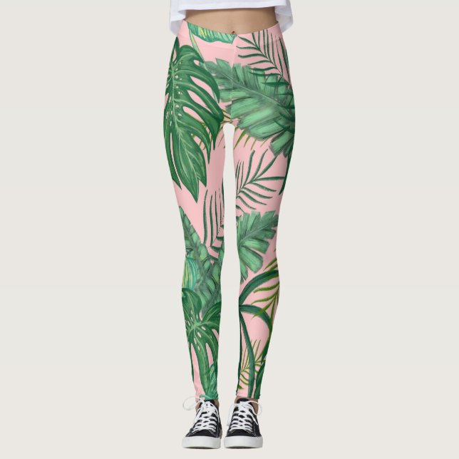 Trendig Tropical Handflatan Lövs Mönster Rosa Legg Leggings (Framsida)