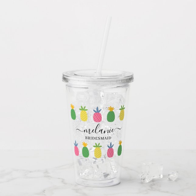 Trendig Tropical Pineapple Bridesmaid Namn Take Away Mugg (Baksida Ice)