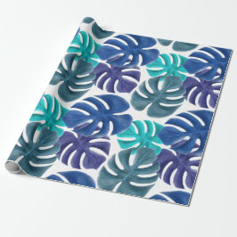 Trendig Tropical Royal Blue & Aqua Monstera Löv Presentpapper