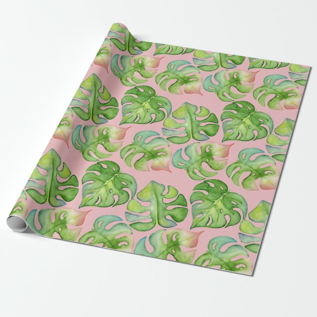 Trendig Tropicana Akvarell Monstera & Palmblad Presentpapper (Utrullad)