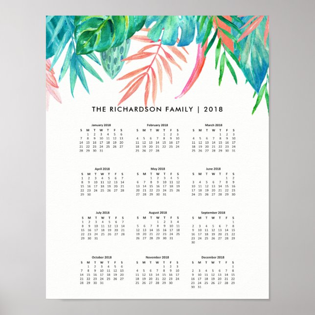 Trendig tropisk akvarell | 2018 Kalender Poster (Framsidan)