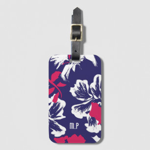 Trendig Tropisk Blå Röd Blommig Mönster Monogram Bagagebricka