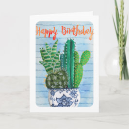 Trendig tropisk grön & blå Cactus Födelsedag Kort