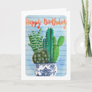 Trendig tropisk grön & blå Cactus Födelsedag Kort
