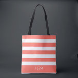 Trendig Tropisk Korallrandig Mönster Monogram Tygkasse<br><div class="desc">Trendig tropisk korall och vit randig mönster,  monogrammärkat totebag.</div>