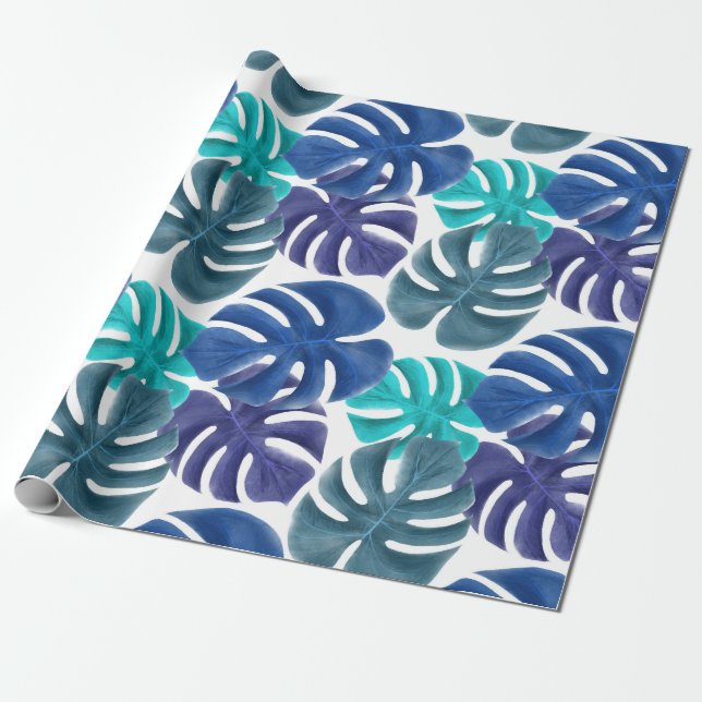 Trendig Tropisk Royal Blå & Aqua Monstera blad Presentpapper (Utrullad)