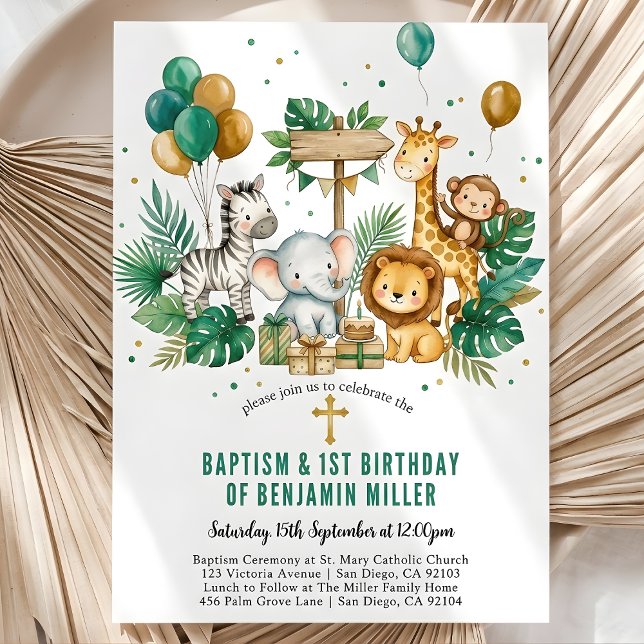 Trendig tropisk safari djungel dop 1-års födelseda inbjudningar (Chic Tropical Safari Jungle Baptism 1st Birthday Invitation)