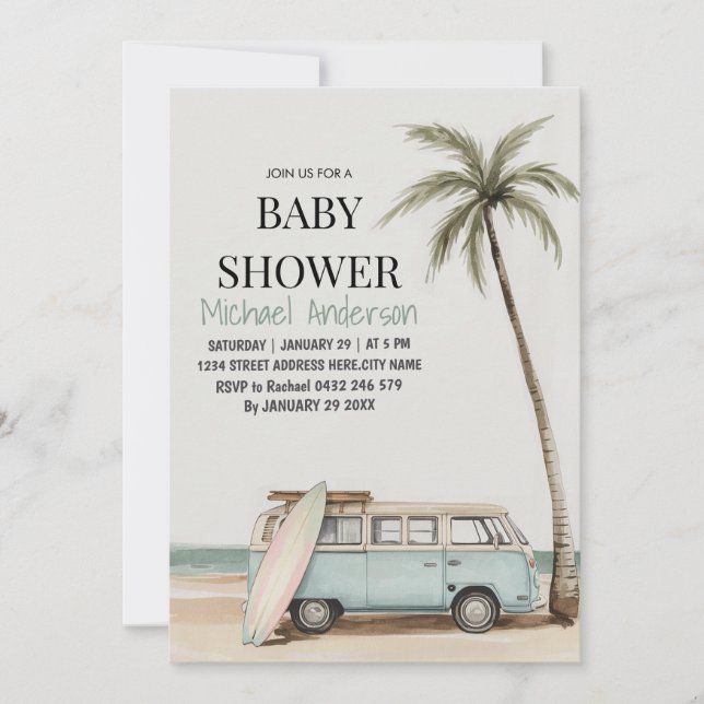 Trendig tropisk sommar surfing Beach Baby Shower  Inbjudningar (Framsida)