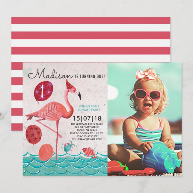 Trendig Tropisk turkos & rosa Flamingo födelsedag Inbjudningar (Fram/baksida)