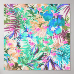 Trendig tropiska teal rosa blommigt flamingo poster