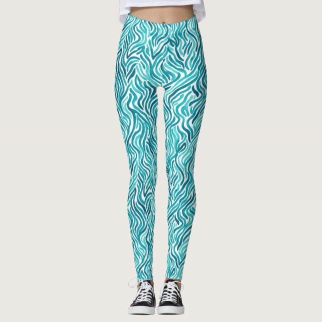 Trendig turkos havsvågor akvarellmönster leggings (Framsida)