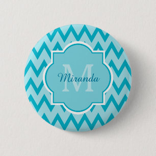 Trendig Turkvoise Chevron Zigzag Namn och Monogram Knapp