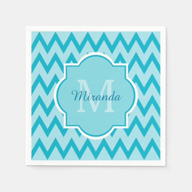 Trendig Turkvoise Chevron Zigzag Namn och Monogram Pappersservett (Framsidan)