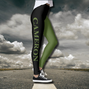 Trendig två Färg NAMN Svart och Oliv grönt Leggings