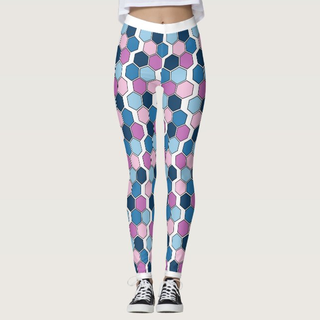 Trendig Twilight City Blue och Rosa Hexagon Mönste Leggings (Framsida)