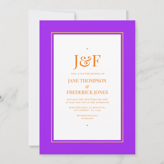 Trendig typografi lila, orange och gul bröllopsfes inbjudningar (Framsida)