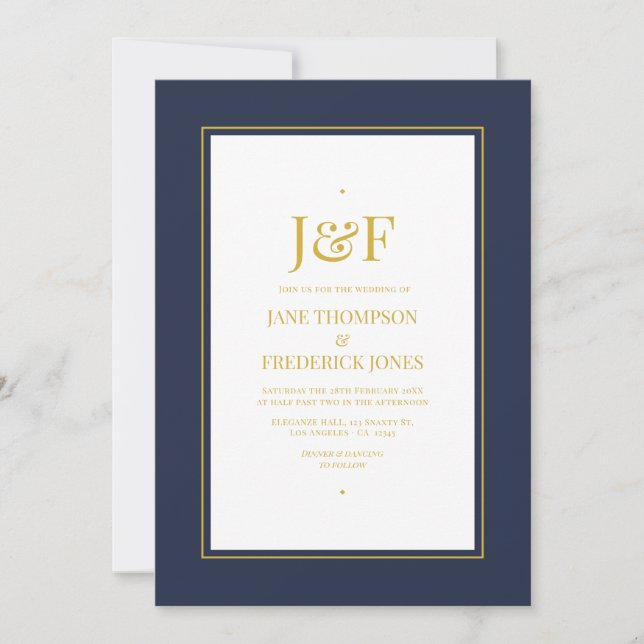 Trendig typografi Marinblå och guld bröllopsinbjud Inbjudningar (Framsida)