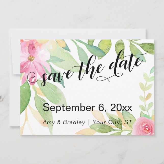 Trendig typografi Rosa Boho Akvarellblommor Spara Datumet (Framsida)