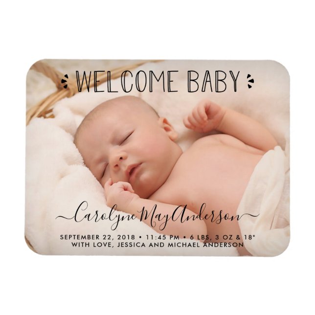 Trendig Typografi "Welcome Baby" Photo Announcemen Magnet (Horisontell)