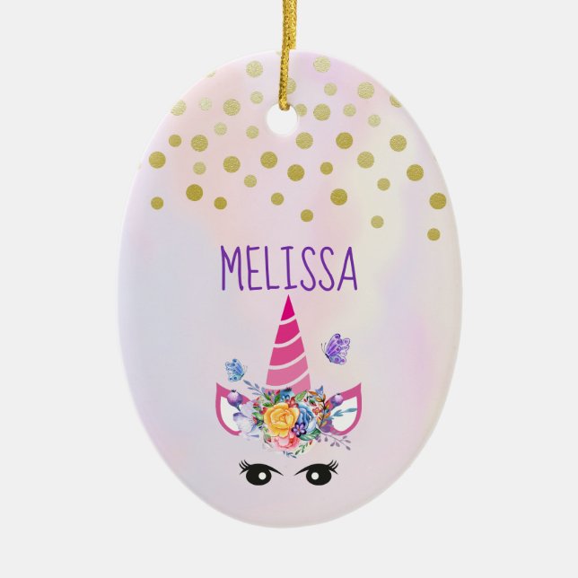 Trendig Unicorn med Blommigt Krona & Butterflies Julgransprydnad Keramik (Framsidan)