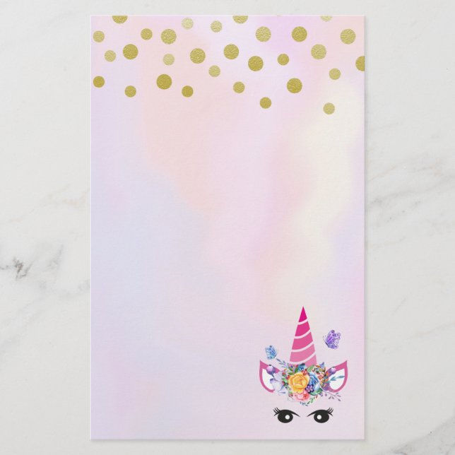 Trendig Unicorn med Flowers Butterflies & Confetti Brevpapper (Framsida)