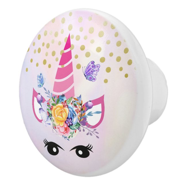 Trendig Unicorn med Flowers Butterflies & Confetti Knopp (Höger)