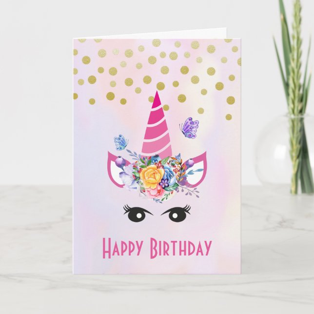 Trendig Unicorn med Flowers Butterflies & Confetti Kort (Framsida)
