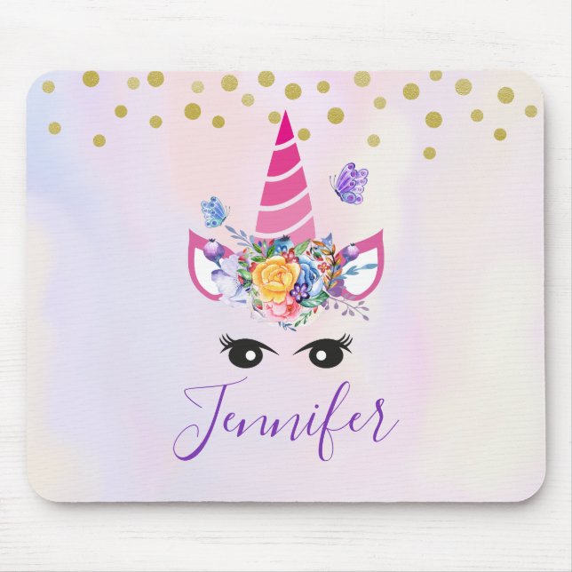 Trendig Unicorn med Flowers Butterflies & Confetti Musmatta (Framsidan)