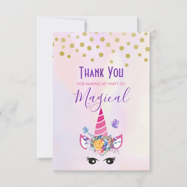 Trendig Unicorn med Flowers Butterflies & Confetti Tack Kort (Framsida)