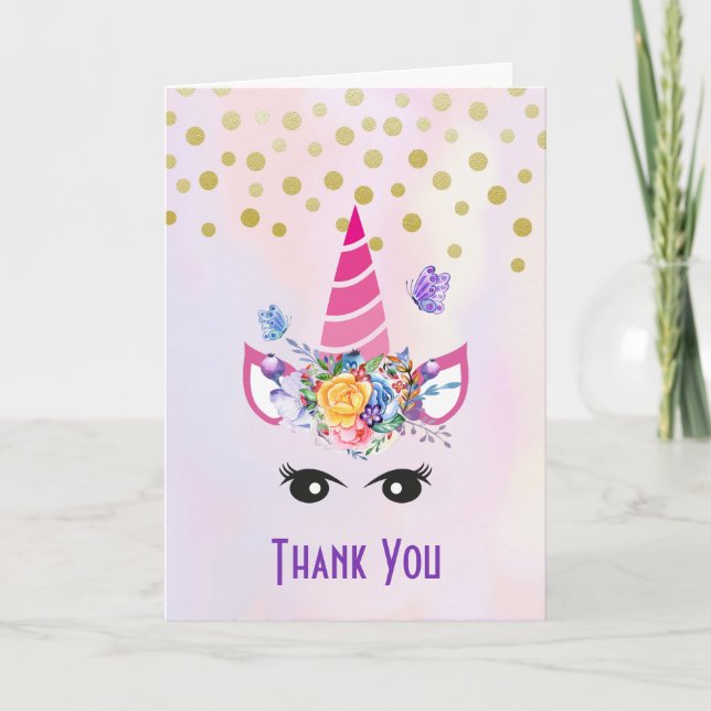 Trendig Unicorn med Flowers Butterflies & Confetti Tack Kort (Framsida)