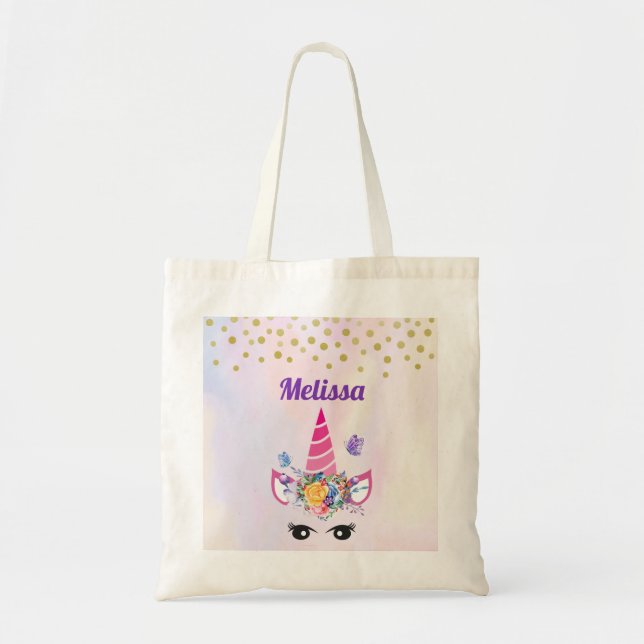 Trendig Unicorn med Flowers Butterflies & Confetti Tygkasse (Framsidan)
