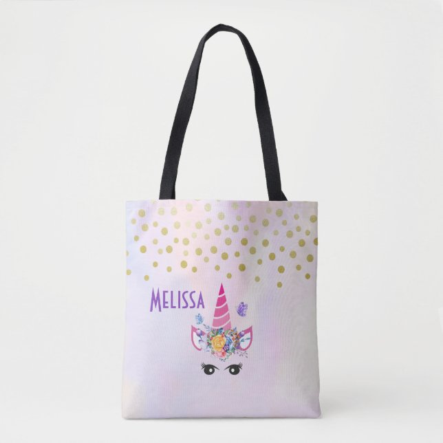 Trendig Unicorn med Flowers Butterflies & Confetti Tygkasse (Framsida)