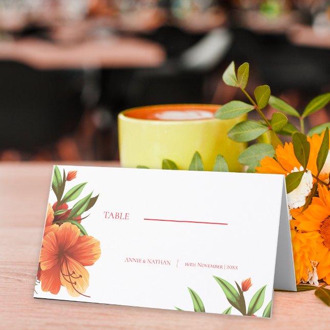 Trendig Vacker Söt Orange Blommigt Bröllop Placeringskort (Trendy Beautiful Pretty Orange Floral Wedding Place Card)