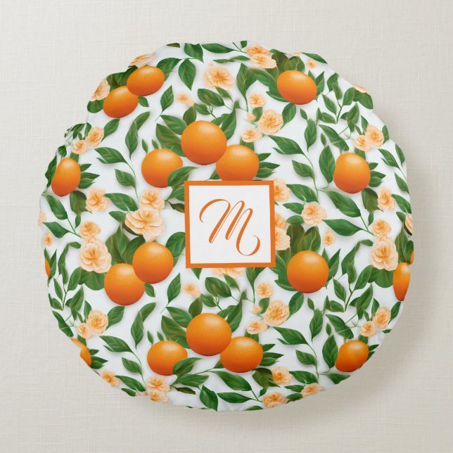 Trendig Valencia Orange Monogrammed Rund Kudde (Framsidan)