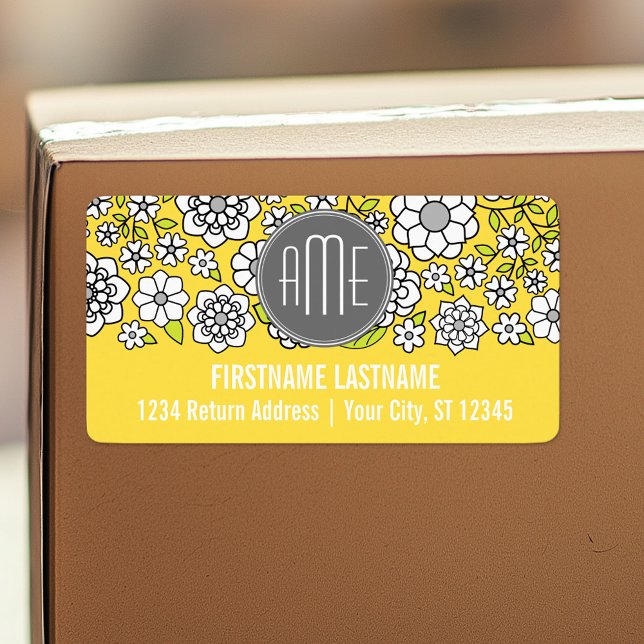 Trendig Vår Blommigt Illustration grått och gult Adressetikett (Custom Shipping Label with Return Address)