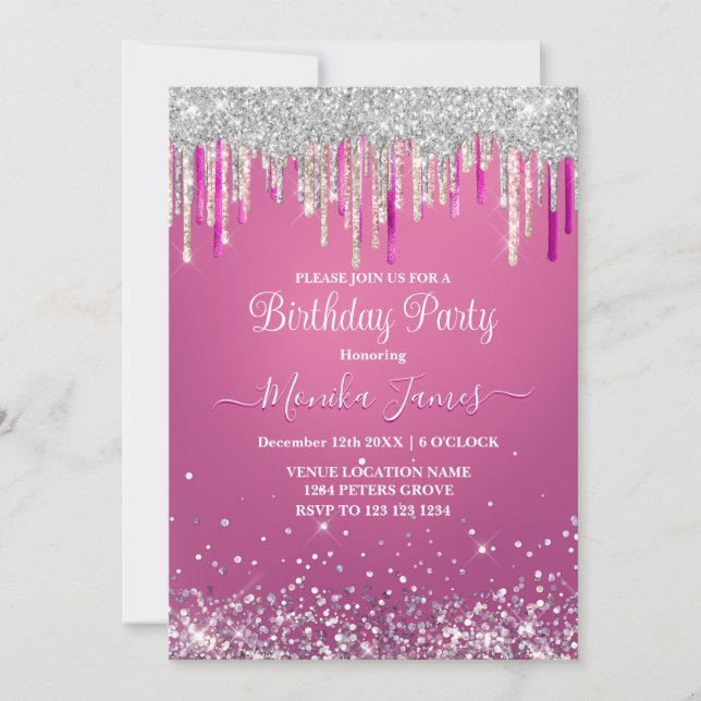 Trendig varmgrand silverdroppande glittermonogram inbjudningar (Framsida)