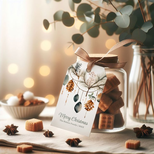 Trendig Vattenfärg Boho julprydnad Presentetikett (Trendy Watercolor Boho Christmas Ornaments Gift Tags on a small jar full with holiday sweets.)